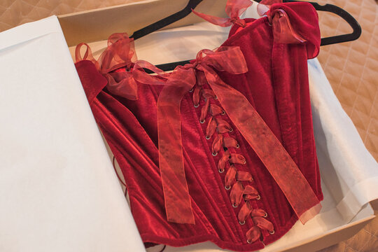 Luxurious deep red velvet corset top with off-the-shoulder straps and ribbon bows hanging on a hanger or lying in a gift box. Elegant feminine fashion lingerie garment with lacing detail