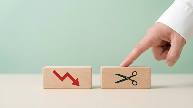 Cost Reduction Strategy Concept Hand Pointing at Wooden Block with Icons