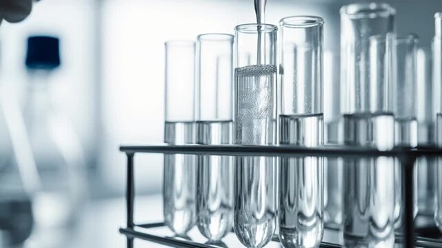 Slow motion pouring water into clear glass row in bright light