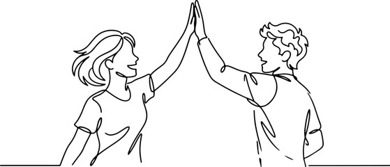 Continuous line art of a man and woman performing a high five gesture celebrating success and partnership in a minimalist drawing style