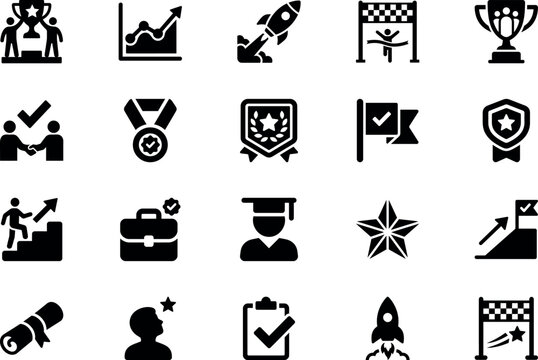 Achievement and Business Success Solid Glyph Icon Set &ndash; Winner, Leadership, Certification and Goal Icons