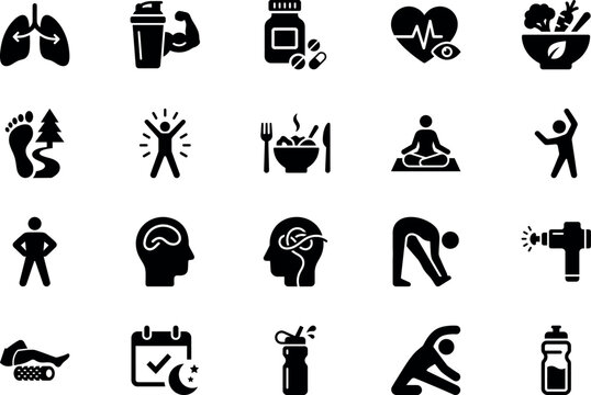 Health and Wellness Solid Glyph Icon Set &ndash; Fitness, Nutrition, Mental Health and Healthy Lifestyle Icons