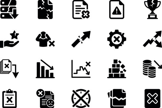 Error, Warning and Failure Solid Glyph Icon Set &ndash; Rejection, Risk, Decline and Negative Business Icons