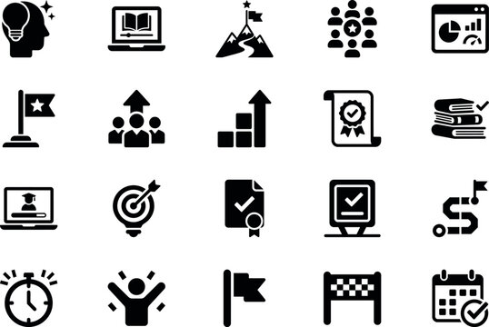 Business Goal Achievement and Learning Solid Glyph Icon Set &ndash; Leadership, Strategy, Productivity and Success Icons