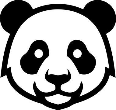 Stylized minimalist black and white graphic illustration of a giant panda bear head. This charming vector icon captures the essence of a cute wild animal face, perfect for branding and design projects