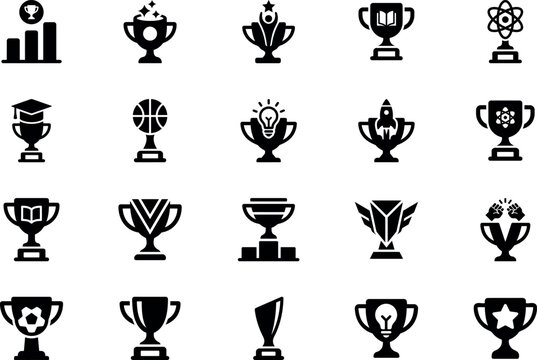 Trophy Award and Championship Solid Glyph Icon Set &ndash; Winner, Victory, Sports, Education and Achievement Icons