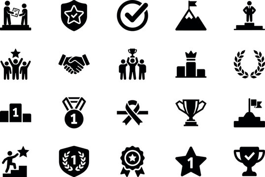 Achievement and Success Solid Glyph Icon Set &ndash; Winner, Leadership, Award, Recognition and Business Excellence Icons