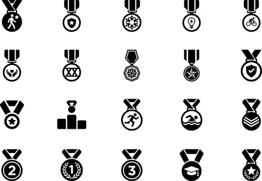 Award Medal and Achievement Solid Glyph Icon Set &ndash; Sports Winner, Recognition, Ranking and Excellence Icons