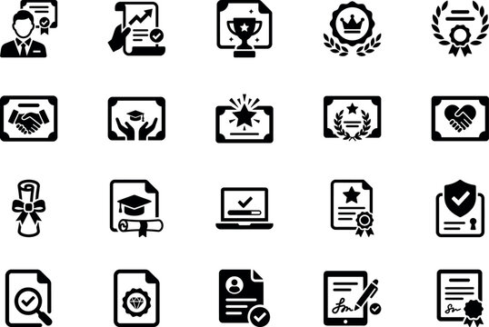 Certificate Verification and Accreditation Solid Glyph Icon Set &ndash; Diploma, Achievement, Digital Signature, Education and Trust Icons