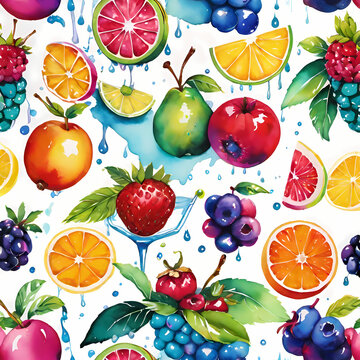 Seamless pattern of vibrant digital fruit illustrations featuring oranges strawberries and blueberries with fresh water splashes