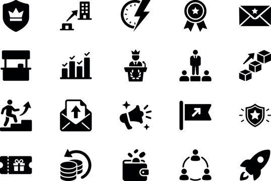 Business Success and Growth Solid Glyph Pictogram Icon Set &ndash; Leadership, Achievement, Marketing, Startup and Productivity Icons