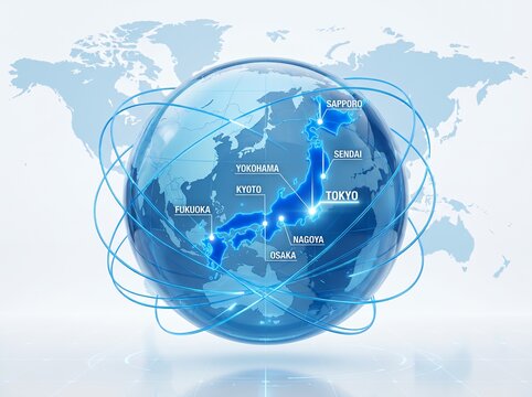 世界地図と日本の都市がグローバルネットワークで繋がる地球儀