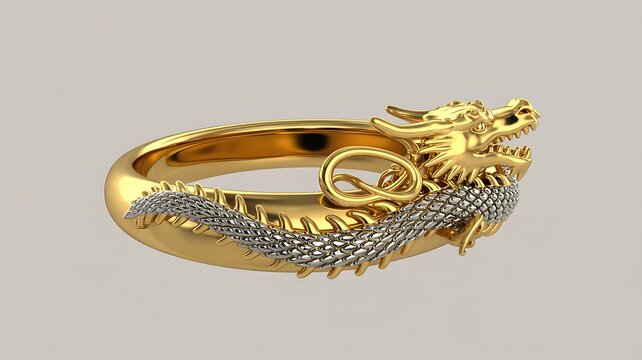 Luxurious gold dragon ring with intricate silver scale detailing on a neutral background