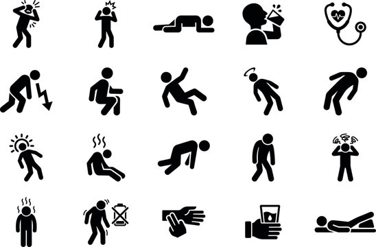 Fatigue, Dehydration & Physical Exhaustion Glyph Icons Set. Weakness, Dizziness, Fainting, Heat Exhaustion, Low Energy, Hydration, Collapse, Medical Symptoms Vector Collection