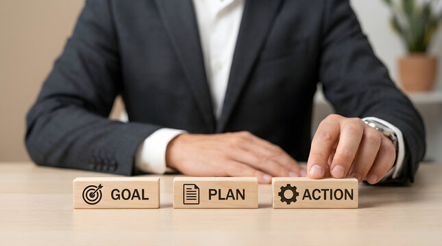 Strategic Business Execution Process Concept with Person Placing Wooden Goal Blocks