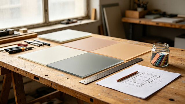 Morandi color material samples on a sunlit design workbench with sketch and drafting tools
