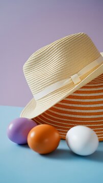 Summer straw hats and colorful Easter eggs in a creative studio product photography composition