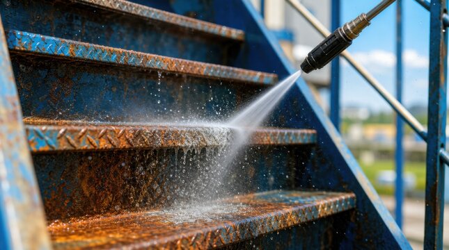 A high-pressure water spray is cleaning rust and grime from metal stairs outdoors on a sunny day.