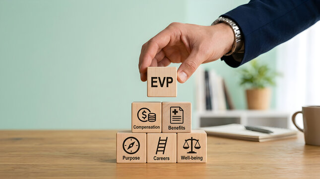 Employee Value Proposition Concept Hand Placing Wooden Block on Office Desk