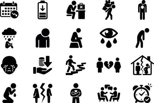 Depression and Emotional Mental Health Pictogram Icon Set, Stress, Anxiety, Burnout, Grief, Divorce, Financial Loss, Therapy, Counseling, Wellness, Silhouette Icons Collection