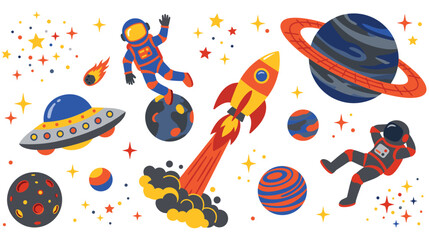 Floating astronauts and rocket in outer space with planets. © Akter