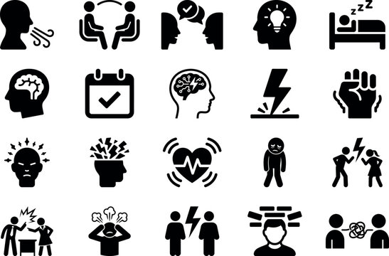 Mental Health and Psychology Pictogram Icon Set, Stress Management, Emotional Wellness, Therapy, Anxiety, Depression, Communication, Mindfulness, Brain Health, Silhouette Icons Collection