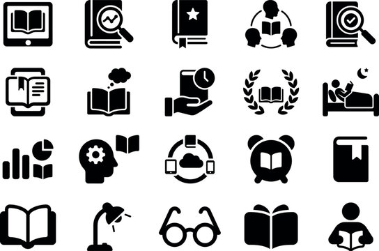 Education and Digital Learning Pictogram Icon Set, Online Study, Reading, E Learning, Knowledge, Book Research, Student, Library, Academic Learning, Silhouette Icons Collection
