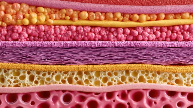 Cross section of biological tissue layers showing cells and fibers