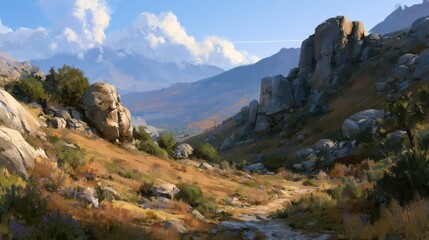 Fototapeta premium Scenic Mountain Landscape with Rocky Terrain, Rolling Hills, and Dramatic Sky Captured in a Beautiful Artistic Style