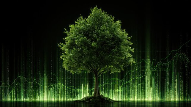 Lush green tree on digital matrix background with data visualization