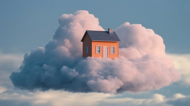 A small orange house perched atop a fluffy cloud against a soft blue sky during sunrise or sunset
