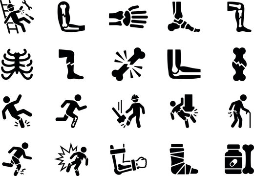 Bone Fracture Injury Pictogram Icon Set, Orthopedic Trauma, Broken Arm Leg, Workplace Accident, Fall Injury, X Ray, Cast, Crutch, Medical Emergency, Healthcare Silhouette Icons Collection