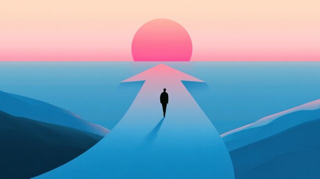 Man walking towards pink sun on upward arrow path over water minimalist