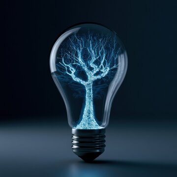 Glowing circuit board tree inside a lightbulb symbolizing innovation and technology