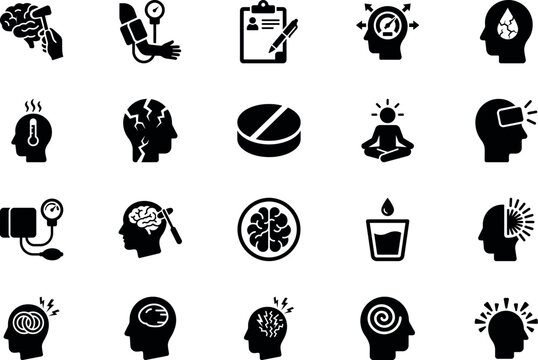 Mental Health & Neurology Black Glyph Icon Set