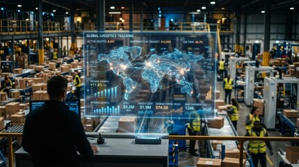 Fototapeta premium Manager monitoring warehouse logistics. Digital supply chain dashboard with world map.