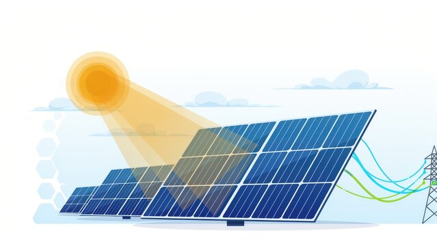 Bright solar panels harnessing energy from radiant sunlight with modern power grid connection with connected power transmission tower under clear sky