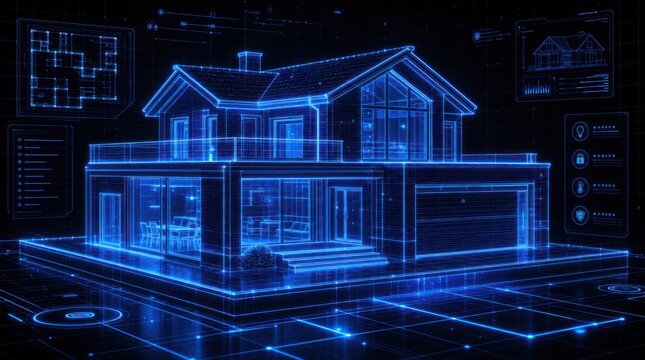 A futuristic blue digital wireframe model of a two-story modern house with architectural plans and interface elements displayed around it.