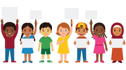 Fototapeta premium Diverse children holding blank placards and signs on white backdrop.