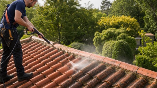 A man uses a pressure washer to clean moss and dirt off a red-tiled roof surrounded by green trees and bushes.