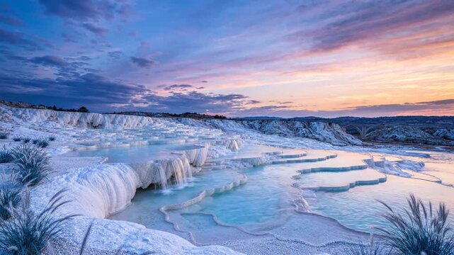 Breathtaking Sunset Over Mineral Rich Travertine Terraces and Thermal Pools of Pamukkale Turkey