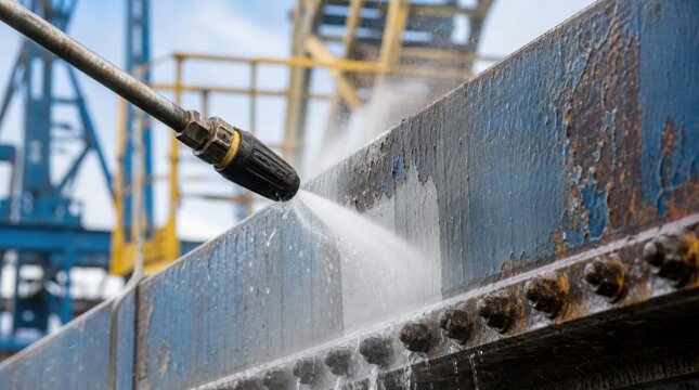 A close-up of a high-pressure water jet cleaning rust and grime off a large metal structure outdoors.