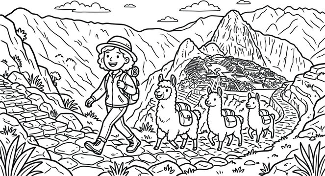 Happy woman tourist hiking with cute llamas near ancient Machu Picchu ruins coloring book page black outline vector illustration