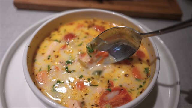 Scooping creamy seafood chowder with spoon, close-up, delicious meal, motion, cinematic.