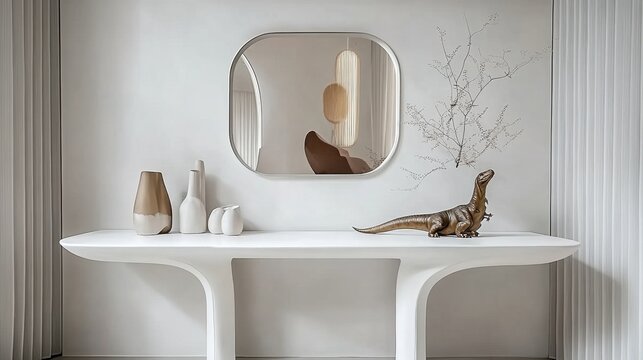 Modern console table with vases and dinosaur figurine