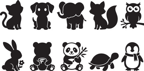 Set of cute animal silhouettes including cat dog elephant fox owl rabbit bear panda turtle and penguin © MD ABDUL AJIJ