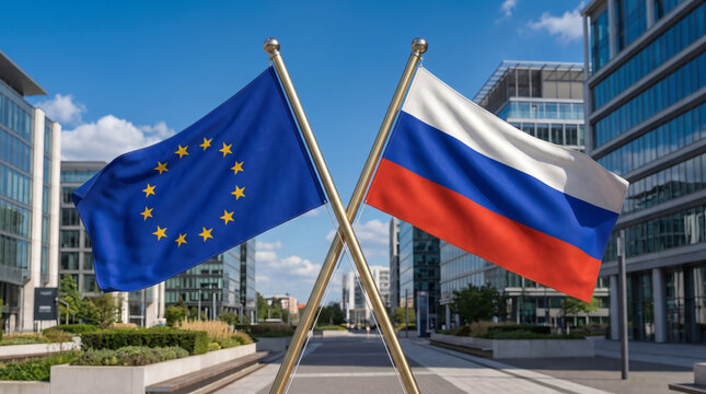 European Union and Russia Flags Flying in Front of Modern Glass Office Buildings Representing International Diplomacy and Relations