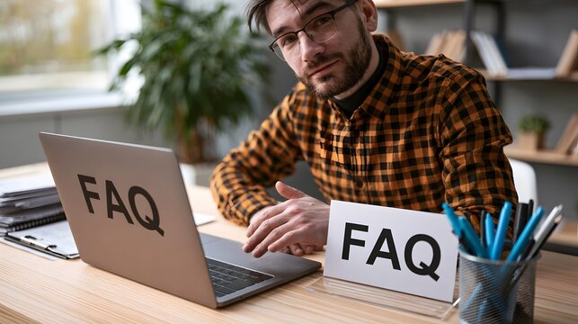 A man sits at a desk with a laptop and FAQ sign  suggesting he is preparing or reviewing frequently asked questions