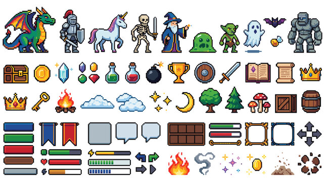 Fantasy pixel art game assets with characters monsters and items.