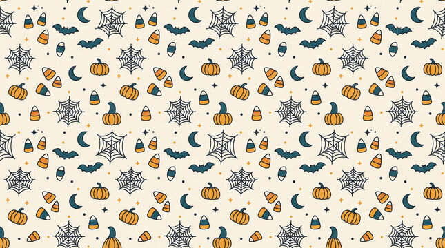 Seamless Halloween Pattern with Pumpkins, Candy Corn, Bats, Spider Webs, and Moons on Off White Background